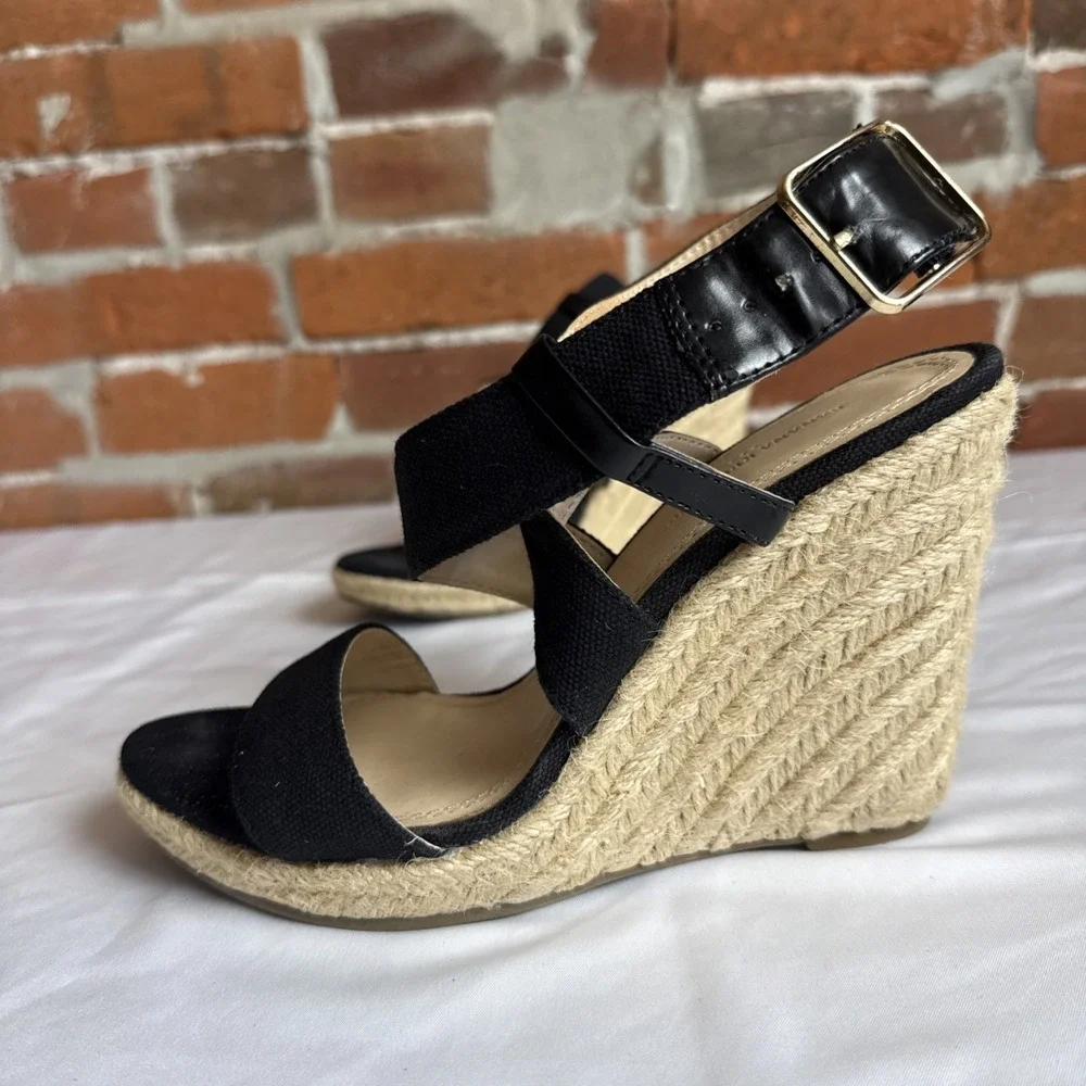 Banana Republic Black Canvas Espadrille Wedge Heel Sandal Leather Trim Size 8